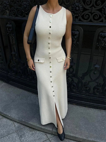 Knit Ribbed Cardigan Maxi Dress – High Waist, Slim Fit, Pocket Design, Sleeveless, Elegant, Party Dress, Women's Knitwear, Long Dress