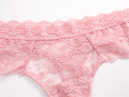 3PCS Lace Hollow Out Thong Panties – Sexy Floral Print, Solid Color, Low Waist, Breathable G-String Lingerie