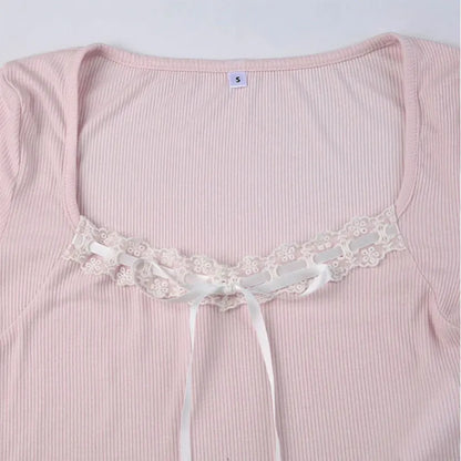 Cute Bandage Bow Cropped Top – Pink Coquette Y2K Square Collar Tee for Spring & Fall