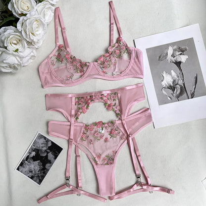 Lady's Fantasy Mesh Transparent Heavy Embroidery Floral Lingerie Set – Sexy Underwear for Women, 3-Piece Intimate Desire Hot Girl 18+