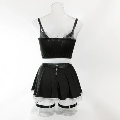 Maid Cosplay Lingerie Set – 5-Piece Sexy Lace Apron Uniform with Bow & Bandage Details