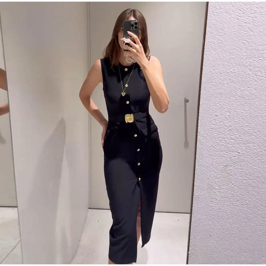 Urban Women Single-Breasted Dress – O-Neck, Sleeveless, Pocket Design, Mid-Length, Spring/Summer, Solid Color, Elegant Lady Robe