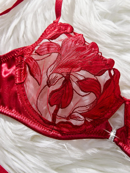 Floral Embroidery Sexy Lingerie Set – Women Transparent Bralette, Underwire Push Up Bra, Panty 2-Piece Set
