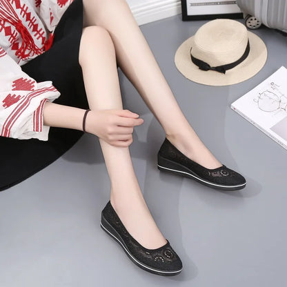 Lace Hollow Breathable Little White Shoes - Flat Mid Wedge Heel Women's Summer Beauty Sneakers