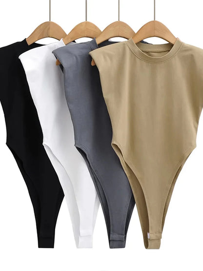 Sexy Bodycon Bodysuit – Summer One-Piece, Padded Shoulder, Sleeveless