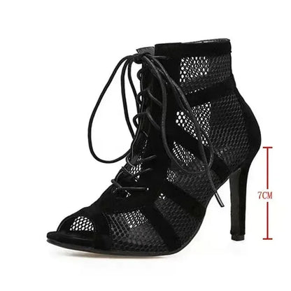 Sexy High Heels Hollow Mesh Sandals - Cross-tied, Peep Toe, Ankle Strap Dance Shoes