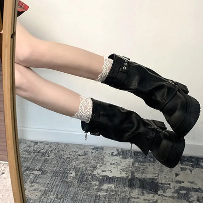 Biker Boots – Fashion Belt Buckle Ladies Elegant Platform Flats, Short Booties Casual Women’s Knight Booties, Winter Boots for Women