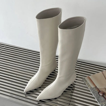 Pointed  Low Heels Knee Long Boots Women's PU