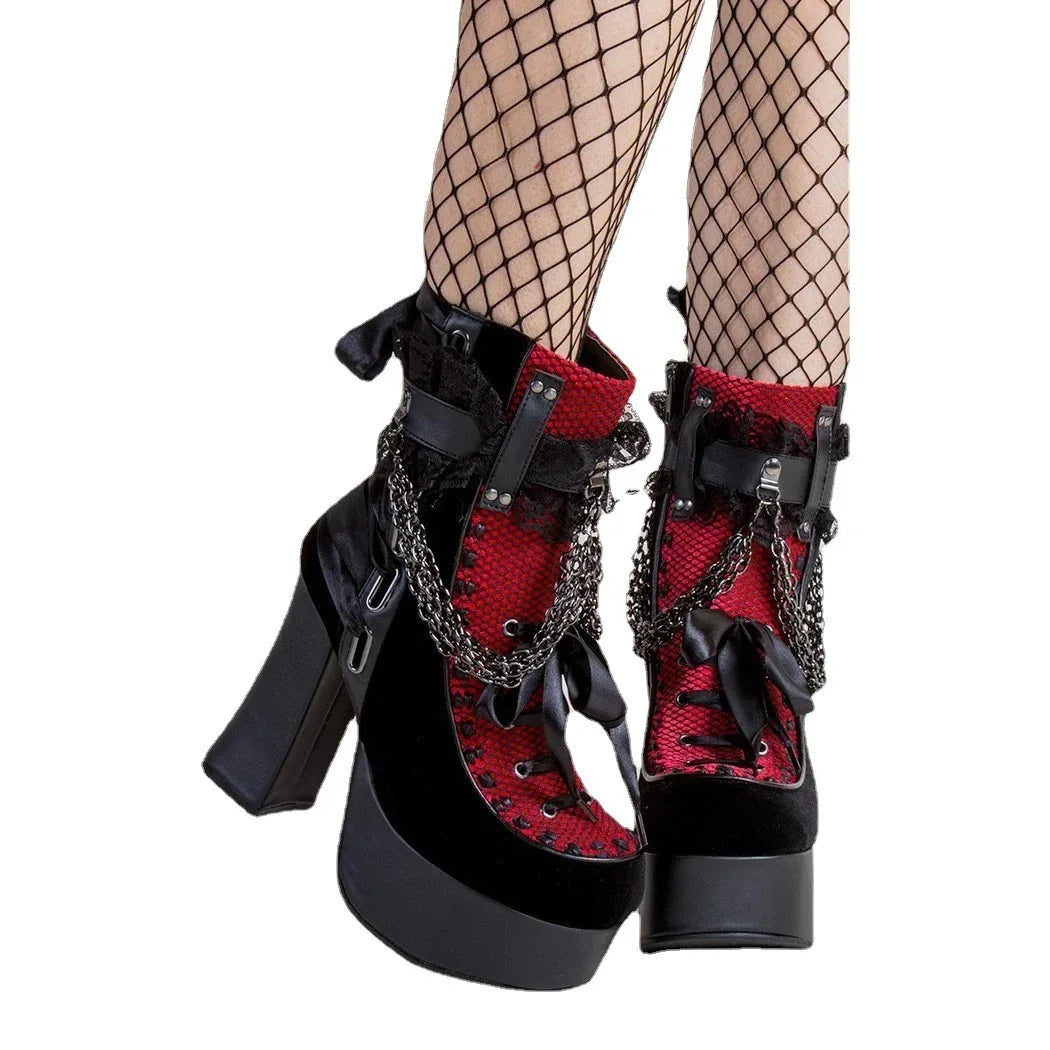 Gothic Style Chain Lace Up Bow Women Short Boots Retro Round Toe Square Heel Chunky Platform Ankle Boots Punk