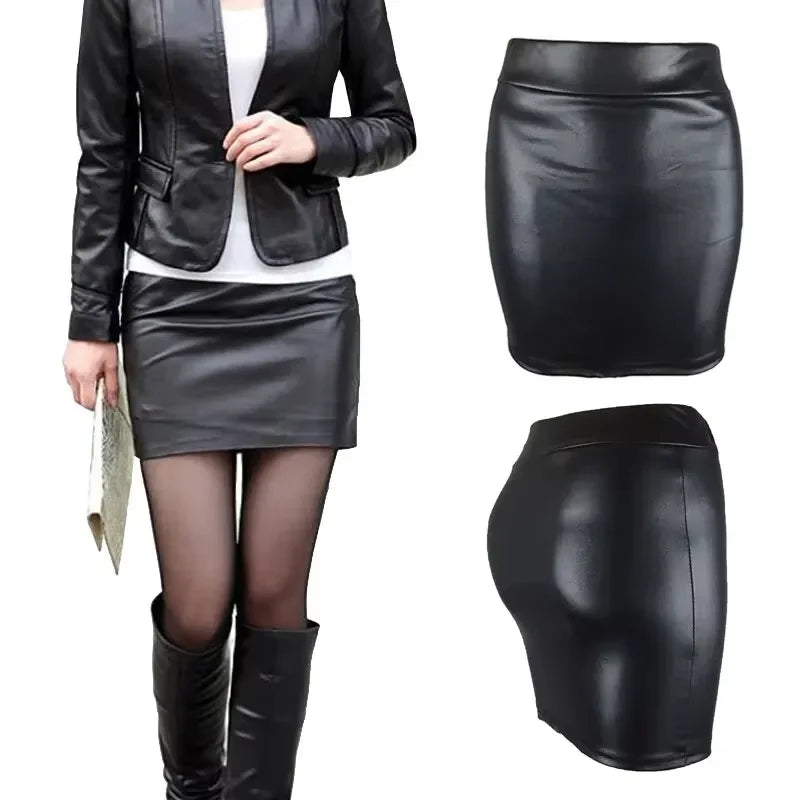 Slim Imitation Leather Pencil Mini Skirt High Waist