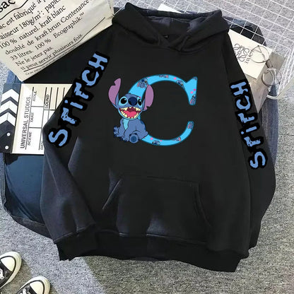Women's Winter Disney Hoodie – Cute Kawaii Lilo & Stitch, Lucky Letter Print, Black, Fashion Couple Streetwear (Size S,M,L)