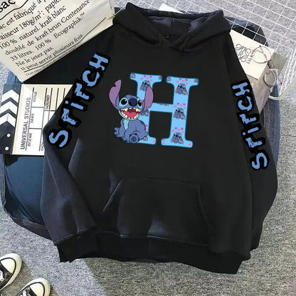 Women's Winter Disney Hoodie – Cute Kawaii Lilo & Stitch, Lucky Letter Print, Black, Fashion Couple Streetwear (Size S,M,L)
