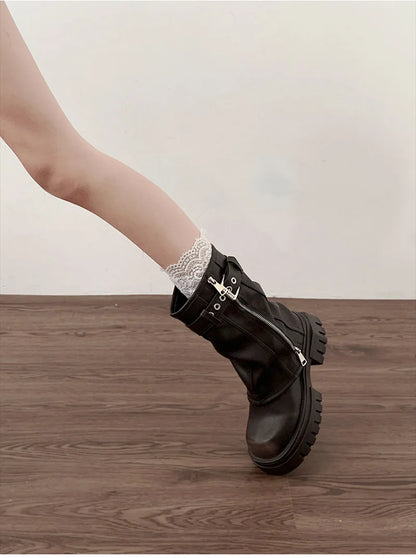 Biker Boots – Fashion Belt Buckle Ladies Elegant Platform Flats, Short Booties Casual Women’s Knight Booties, Winter Boots for Women