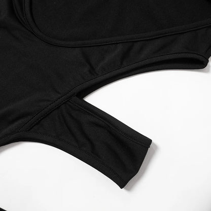 Zip Turtleneck Buckle Cutout Bodysuit – Long Sleeve, Sexy Club Romper, Black Techwear Jumpsuit for Women