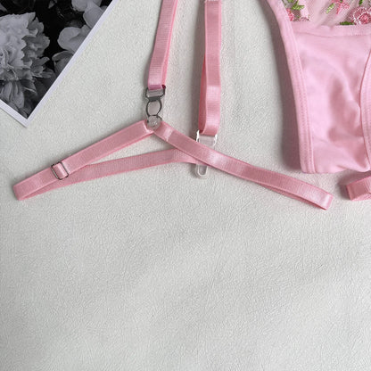 Lady's Fantasy Mesh Transparent Heavy Embroidery Floral Lingerie Set – Sexy Underwear for Women, 3-Piece Intimate Desire Hot Girl 18+