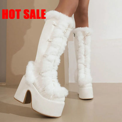 Platform Furry Boots Chunky High Heeled Winter Autumn Knee High Boots Women Faux Fur Zip Gothic Style Punk