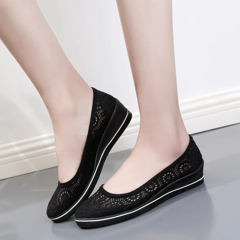 Lace Hollow Breathable Little White Shoes - Flat Mid Wedge Heel Women's Summer Beauty Sneakers