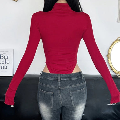Red Skinny Bodysuit – Heart-Shaped Hollow Out, Sheer Patchwork, Full Sleeve, Vintage Chic Outfit