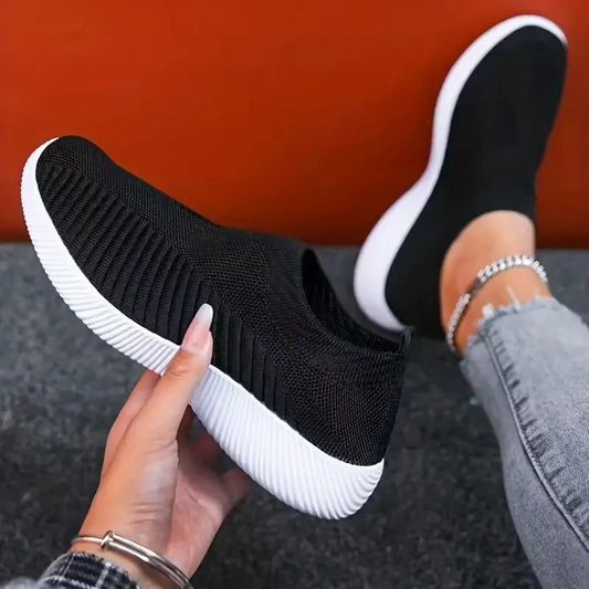 Solid Color Mesh Sneakers – Flying Woven Walking Fashion Slip-on Flat Shoes for Sports, Running, and Tennis