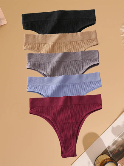 5PCS Seamless Ribbed Striped Panties – Sexy Low-Waist, Brazilian Style, Solid Color, G-String Lingerie