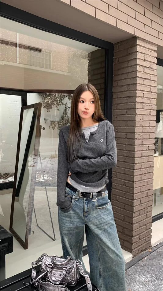 Women's Fake Two-Piece T-Shirt – Long Sleeves, Autumn/Winter, Slim Fit, Slimming Effect, Retro Style, Bottoming Top
