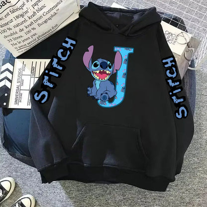 Women's Winter Disney Hoodie – Cute Kawaii Lilo & Stitch, Lucky Letter Print, Black, Fashion Couple Streetwear (Size S,M,L)