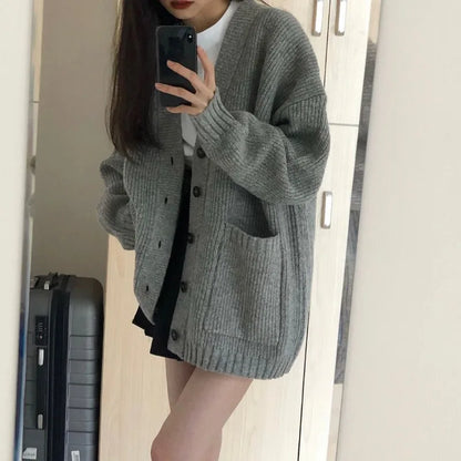 Women's Knitted Cardigan – V-Neck, Loose Fit, Long Sleeve, Casual Autumn Winter Jacket