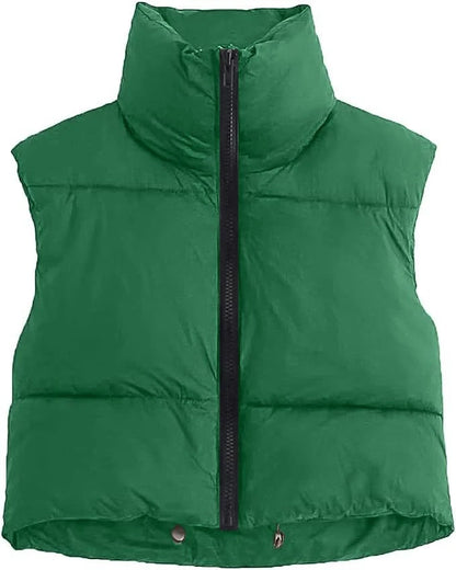 Women's Short Quilted Down Vest – Warm Stand-Up Collar, Sleeveless Cotton Jacket for Autumn & Winter