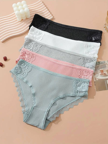 5PCS Set Women's Cotton Panties – Sexy Lace Briefs, Ribbed Lingerie, Hollow Out Design, Low Rise Underwear