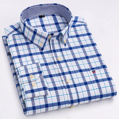 Men's 100% Cotton Shirt – Long Sleeve Plaid Oxford, Solid Color, Regular Fit Formal Dress Shirt, Available In Oversized