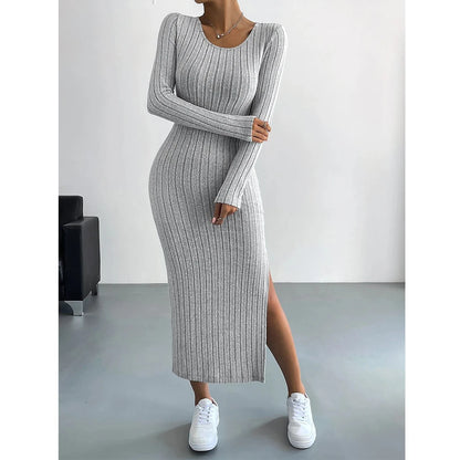 Dresses Fall Winter Knitted Stripe Split U Neck Elastic Basic Bodycon Full