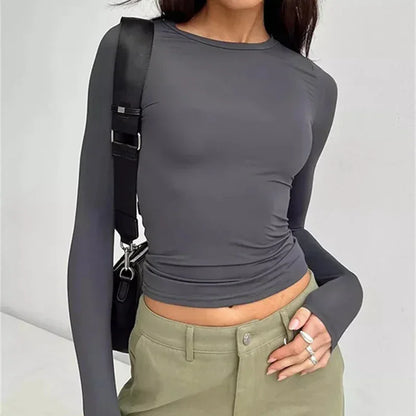 Women's Long Sleeve T-Shirt – Slim Fit, Solid Color Pullover, Basic Y2K Streetwear for Spring & Autumn