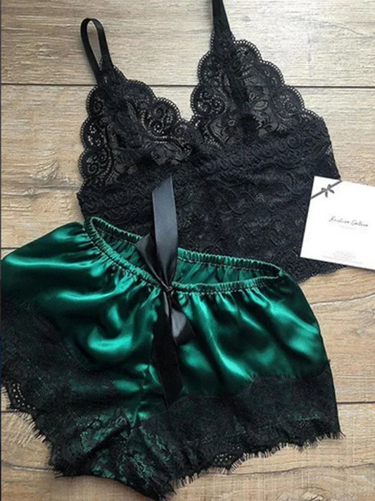 2PCS Pajamas Set for Women – Sleepwear Sexy Lingerie, Lace Silk Crop Tops and Shorts Sets, Casual Nightwear Pijamas