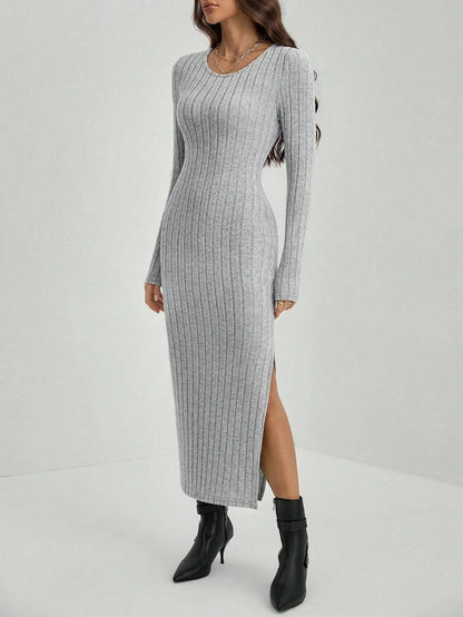 Dresses Fall Winter Knitted Stripe Split U Neck Elastic Basic Bodycon Full