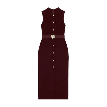 Urban Women Single-Breasted Dress – O-Neck, Sleeveless, Pocket Design, Mid-Length, Spring/Summer, Solid Color, Elegant Lady Robe