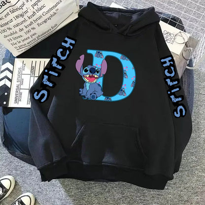 Women's Winter Disney Hoodie – Cute Kawaii Lilo & Stitch, Lucky Letter Print, Black, Fashion Couple Streetwear (Size S,M,L)
