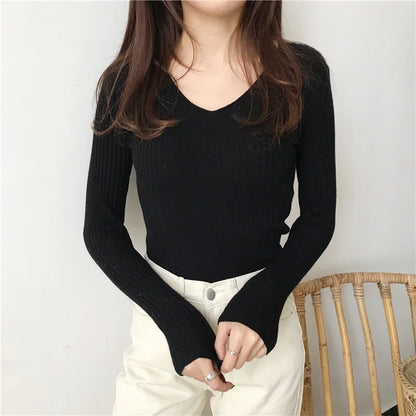 Korean V-Neck Knitted Sweater – Slim Fit, Autumn Winter Pullover, Fashion Jumper for Women
