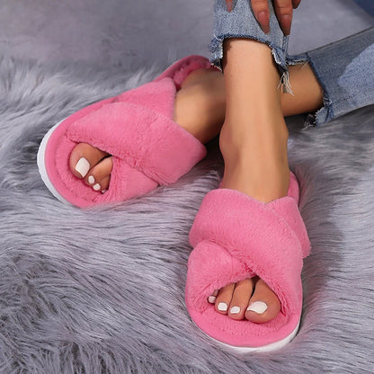 Cross Warm Fluffy Furry Slippers Women – Lightweight Flat Heels, Fur Slides, Autumn Winter Open Toe Non-Slip Home Floor Shoes