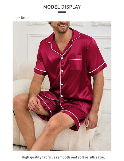 Men's Summer Pajamas Set – Short Sleeve, Button-Down Shirt with Pocket, Matching Shorts, Comfortable Loungewear Sleepwear