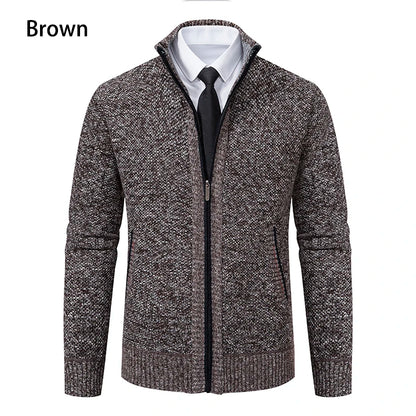Jersey Men's Casual Sports Coat – Solid Color Stand Collar Sweater, Fleece-Lined, Warm Zipper Cardigan