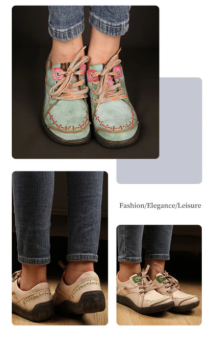 Hand-Stitched Leather Sneakers – Lightweight Flat Design Shoes for Women