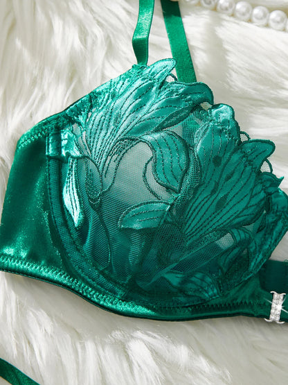 Floral Embroidery Sexy Lingerie Set – Women Transparent Bralette, Underwire Push Up Bra, Panty 2-Piece Set