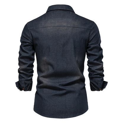 Elastic Cotton Denim Shirt Men Long Sleeve Quality Cowboy Shirts