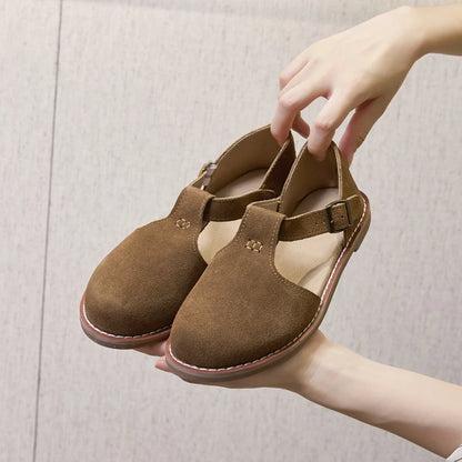 Flat-Soled Retro Frosted Genuine Leather Women's Sandals - New Hollow Roman Baotou Sandals for Women