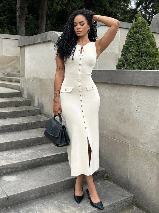 Knit Ribbed Cardigan Maxi Dress – High Waist, Slim Fit, Pocket Design, Sleeveless, Elegant, Party Dress, Women's Knitwear, Long Dress