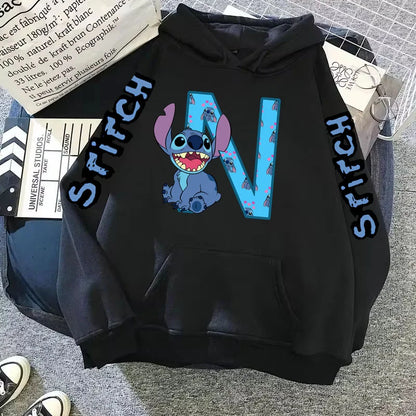 Women's Winter Disney Hoodie – Cute Kawaii Lilo & Stitch, Lucky Letter Print, Black, Fashion Couple Streetwear (Big Size)