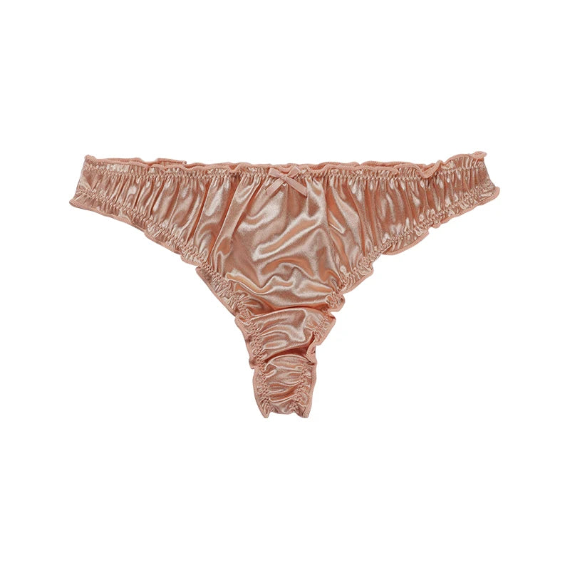 Ladies Frill Trim Satin Panties – 100% Ice Silk, Seamless, No Show, Invisible Briefs, Tanga Style