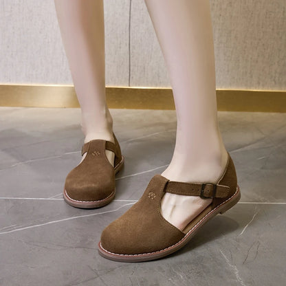 Flat-Soled Retro Frosted Genuine Leather Women's Sandals - New Hollow Roman Baotou Sandals for Women