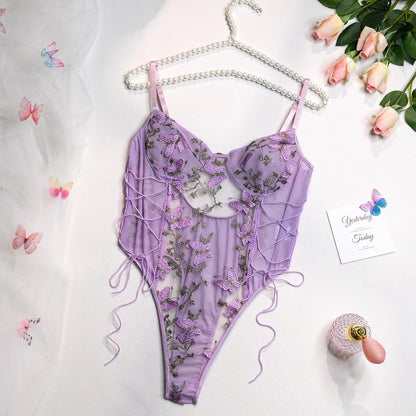 Yimunancy Boho Butterfly Embroidery Mesh Bodysuit – Women's Transparent Lace-Up Sexy Bodysuit, Body Femme