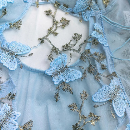 Yimunancy Boho Butterfly Embroidery Mesh Bodysuit – Women's Transparent Lace-Up Sexy Bodysuit, Body Femme